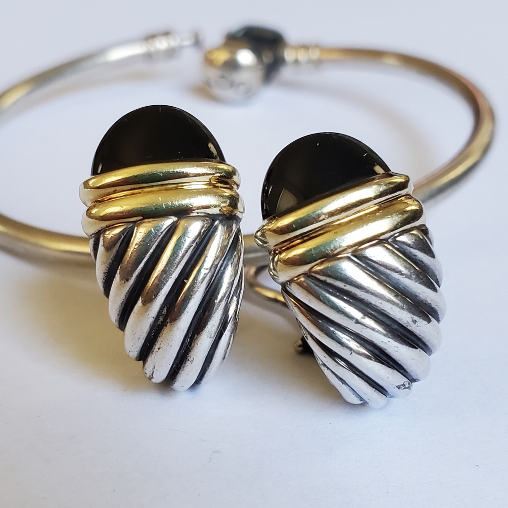 David Yurman onyx shrimp earrings with omega backs sterling silver 925 and 14k